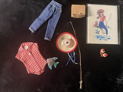Vintage 1960s Barbie Picnic Set #967 Complete Outfit with Fishing