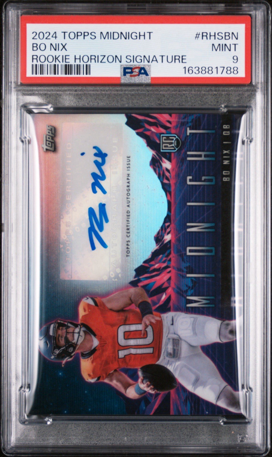 Bo Nix #RHS-BN Football Cards 2024 Topps Midnight Rookie Horizon Autograph trading card — raw and PSA graded price guide