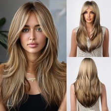 Real Human Hair New Fashion Beautiful Women's Long Brown Mix Blond Wigs 24 In