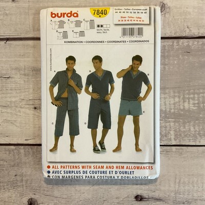 Burda 7840 Sewing Pattern Button Up Or V-Neck Shirt Shorts Men s 34-50 UNCUT