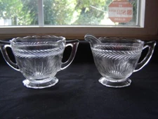 1930's Jeannette Depression Clear Sunburst Herringbone Glass Creamer & Sugar