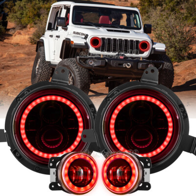 RED Halo LED Headlights + Fog Lights for 2018-2023 Jeep Wrangler JL Gladiator JT