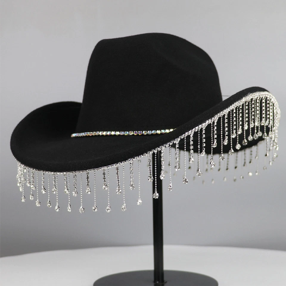 Western Style Cowboy Hat Cowgirl Hat with Rhinestone Tassel Wide Brim Vintage - Image 3 of 4