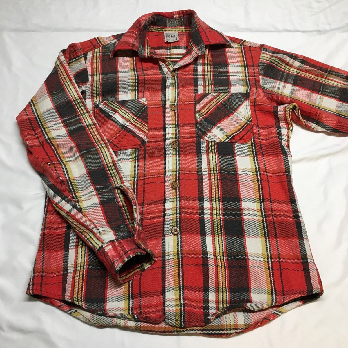 VTG 70s Big Mac Red Plaid Cotton Flannel Made In USA Button Up 