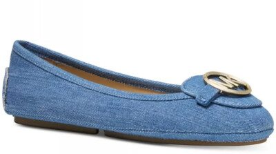 New Michael Kors Lillie Ballet flat MK logo light denim leather