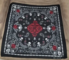 Biker Black Skull Paisley 100% Cotton Double Sided Bandana - 22 By 22 Inches