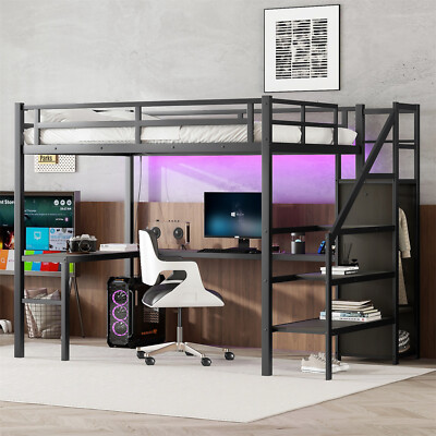 Full XL Size Loft Bed Metal Bed Frame w/ L-Shaped Desk & Wardrobe & LED Lights