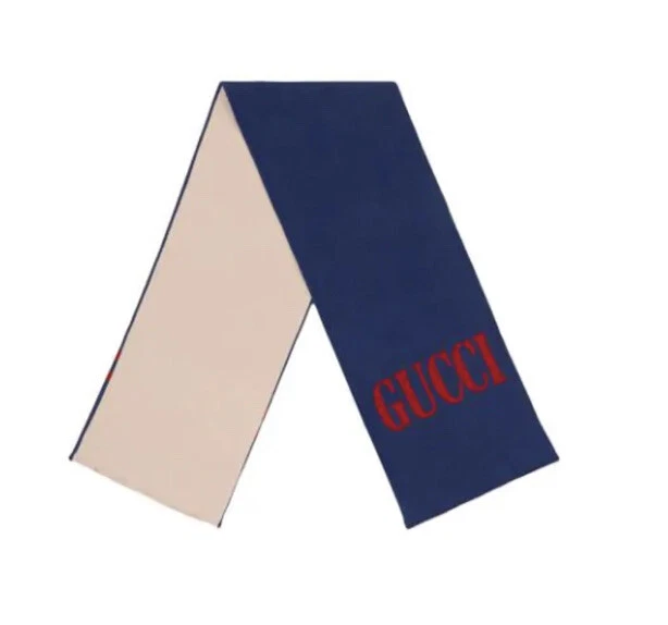 NUEVO CON ETIQUETAS Auténtico Gucci Jacquard Guccium Bufanda Hombres Mujeres Azul Zafiro Rojo 35 X 180 Foto 2 de 4
