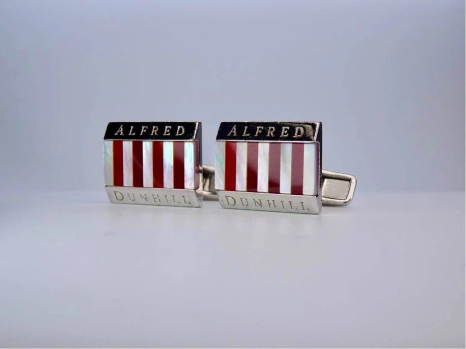 Dunhill Alfred Rectangle Cufflinks Red Stripe Pearl Shell Silver 925 Men Jewelry - Image 4 of 4