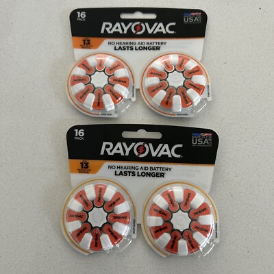 (2) RAYOVAC 16 PACK NO HEARING AID BATTERY SIZE 13 NEW IN PACKAGE EXP 4/25