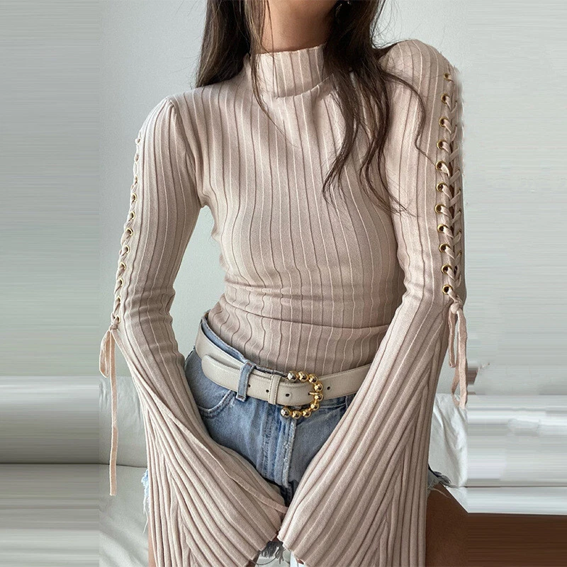 Women's Fashion Set Flare Sleeve Romper Elegant Lace-Up Rib