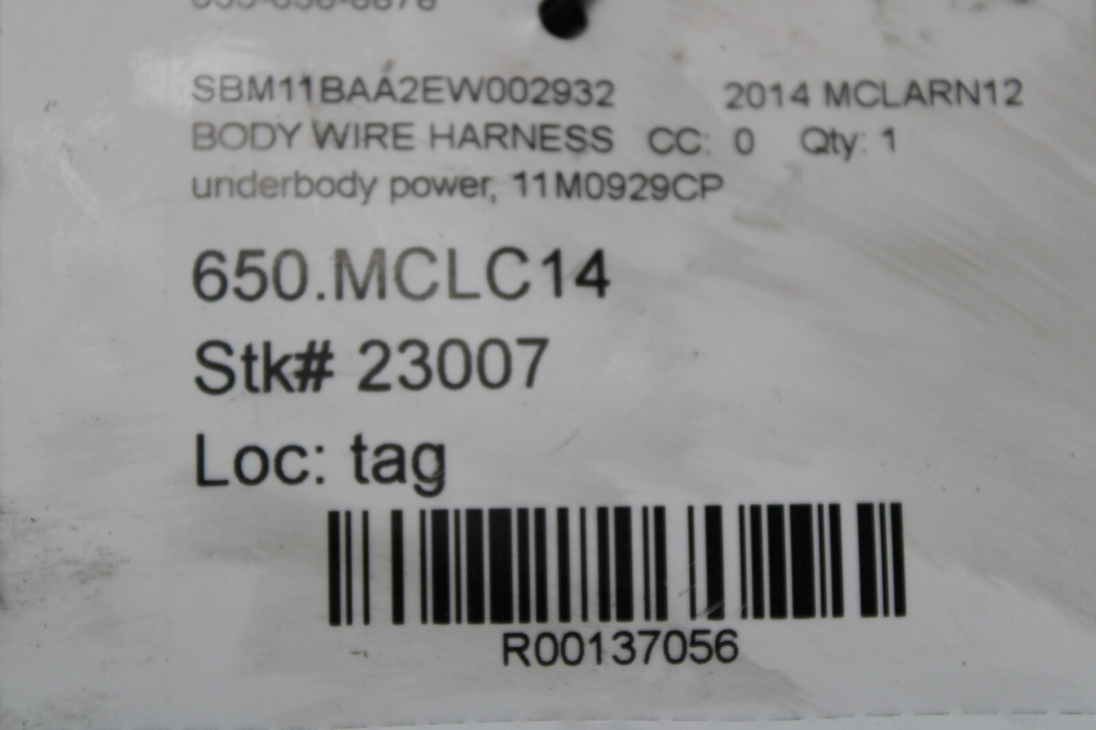 Mclaren MP4-12C, Underbody Power Wire Harness, Used, P/N 11M0929CP