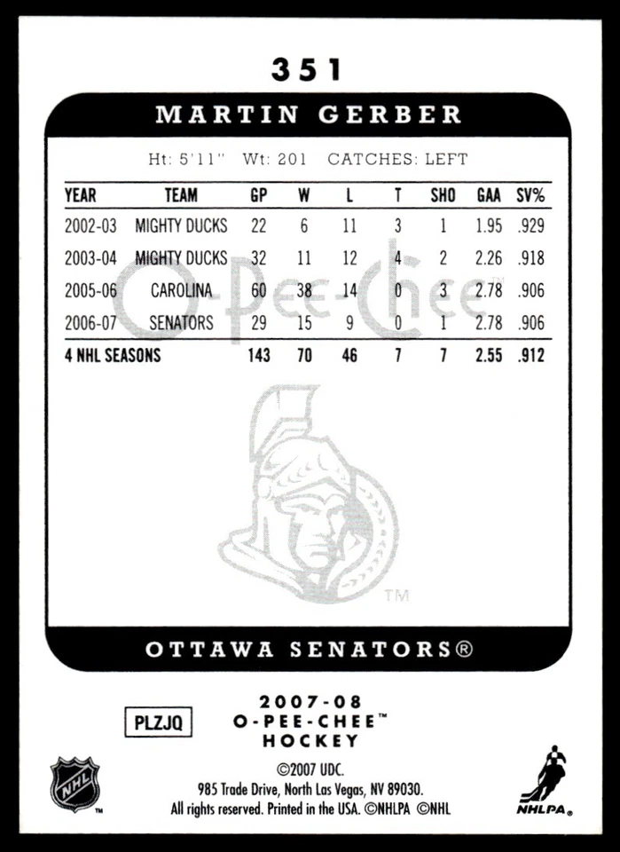 2007-08 O-Pee-Chee Micromotion Martin Gerber Ottawa Senators #351 - Image 2 of 2