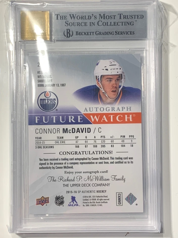 2015-16 SP Authentic CONNOR MCDAVID RC AUTO FUTURE WATCH ROOKIE /999 BGS MINT - Image 2 of 2