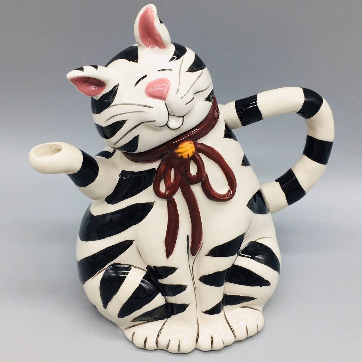 Blue Sky Clayworks Striped Cat Teapot White Black Bell Collar