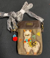 CHALA Brown & Olive Stripe Llama Mini Crossbody Cell Phone Purse Bag Adjustable