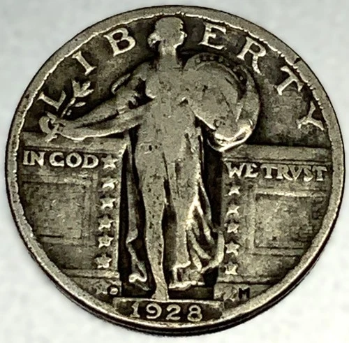 1928-D Standing Liberty Silver Quarter Fine 25c Coin Free Shipping -2087