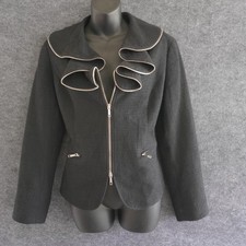 Lafayette 148 New York Blazer Jacket 8 Black Virgin Wool Cotton Blend Ruffle Zip