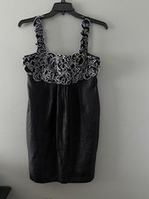 R&M Richards Black Satin Dress S -12 Scroll Embroidered Silver Ruffle