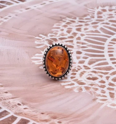 925 Silber Ring Mit Bernstein Natur Oval Orange Bezel Handarbeit L-81 - Bild 1 von 4