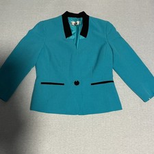 Le Suit Blue Blazer Jacket Black Trim 1-Button Lined Long Sleeve Womens 4
