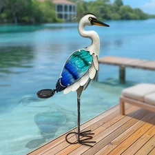 HONGLAND Solar Metal Crane Statue Garden Heron Sculpture, Glass Heron-blue 
