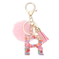 Alphabet Initial Letter R Keychain, Cute Tassel Fur Ball Pom Key Chain, Pink
