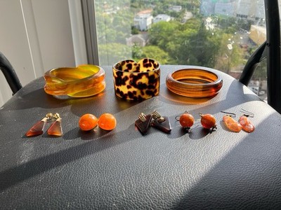 Lot Of 8 Vintage Tortoise Shell Amber Lucite Plastic Bangle Bracelets Earrings 