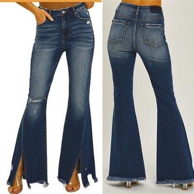 Risen High Rise Front Slit Frayed Hem Dark Flare Jeans Womens 2XL distressed NWT