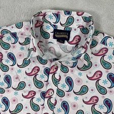 Cremieux Premium Denim Shirt Mens XL White Paisley Short Sleeve Collar Button-Up
