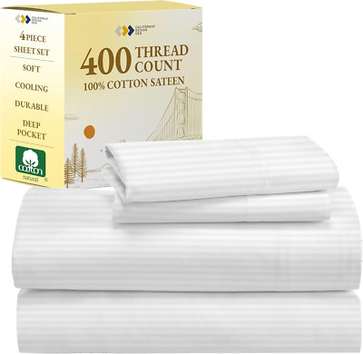 Luxury 400 TC Striped Cotton King Size Sheets Set - Deep Pocket Cooling White