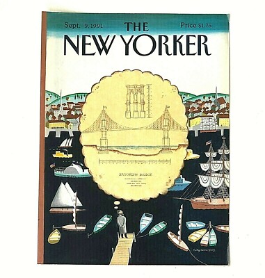 1991 New Yorker Magazine Cover NY Brooklyn Bridge Schematic Boats Sail Row Steam