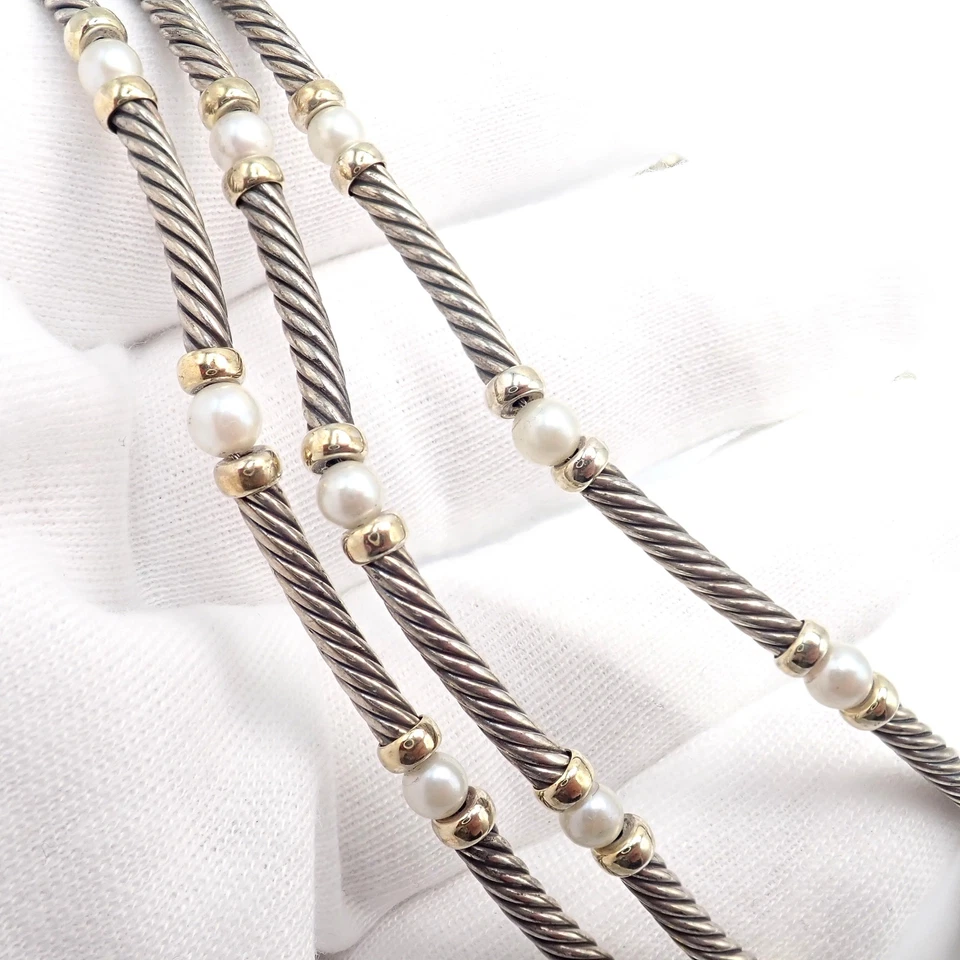 David Yurman DY prata esterlina ouro amarelo 14k 3 cabos 3mm colar de pérolas 15" - Imagem 4 de 4