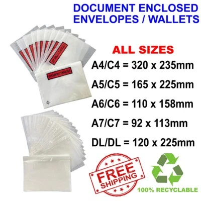 DOCUMENT ENCLOSED ENVELOPES WALLETS SELF ADHESIVE A7 A6 A5 A4 DL PRINTED & PLAIN