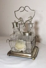 antique 1800's ornate cut crystal nickel plate EPNS cruet condiment set caddy 
