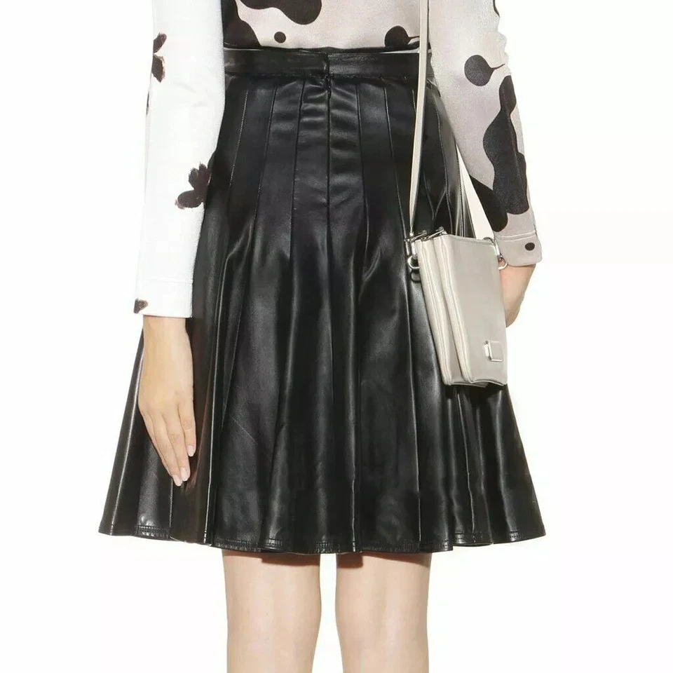 Falda de piel de cordero genuina para mujer elegante negra hecha a mano de cuero ropa de fiesta suave Foto 2 de 4