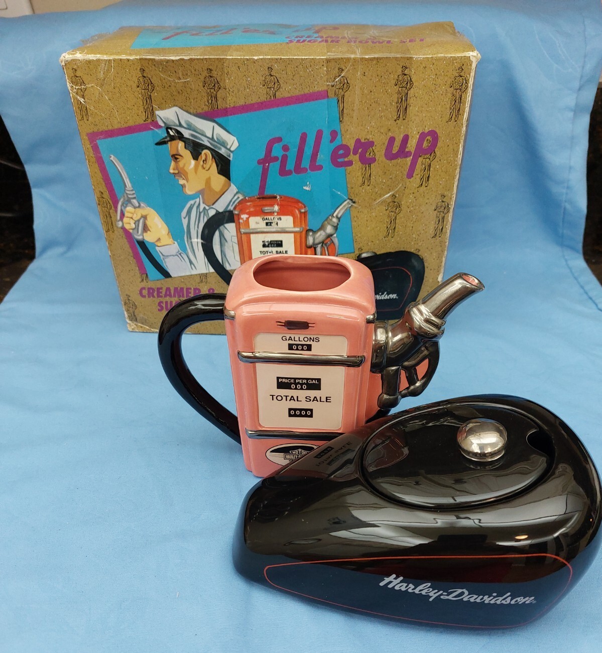 Harley Davidson Vintage 1990 Gas Pump Creamer & Gas Tank Sugar Bowl