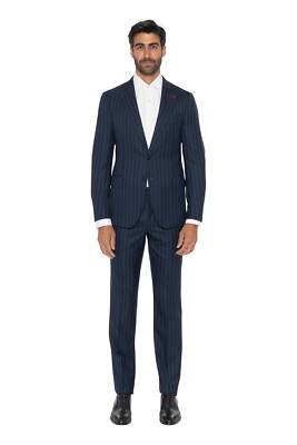 $5600 ISAIA NAPOLI Blue Hand-Sewn Striped Suit Fine Wool 36 US