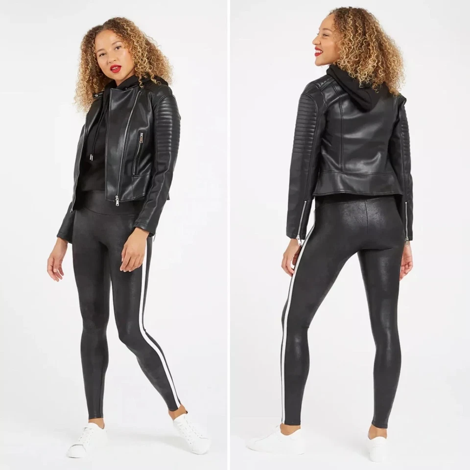 Leggings adelgazantes SPANX de cuero sintético blanco a rayas laterales talla pequeña Foto 3 de 4