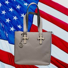 Raviani New Tote In Gray Pebble Grain Leather W/crystal Straps & Crystal Cross