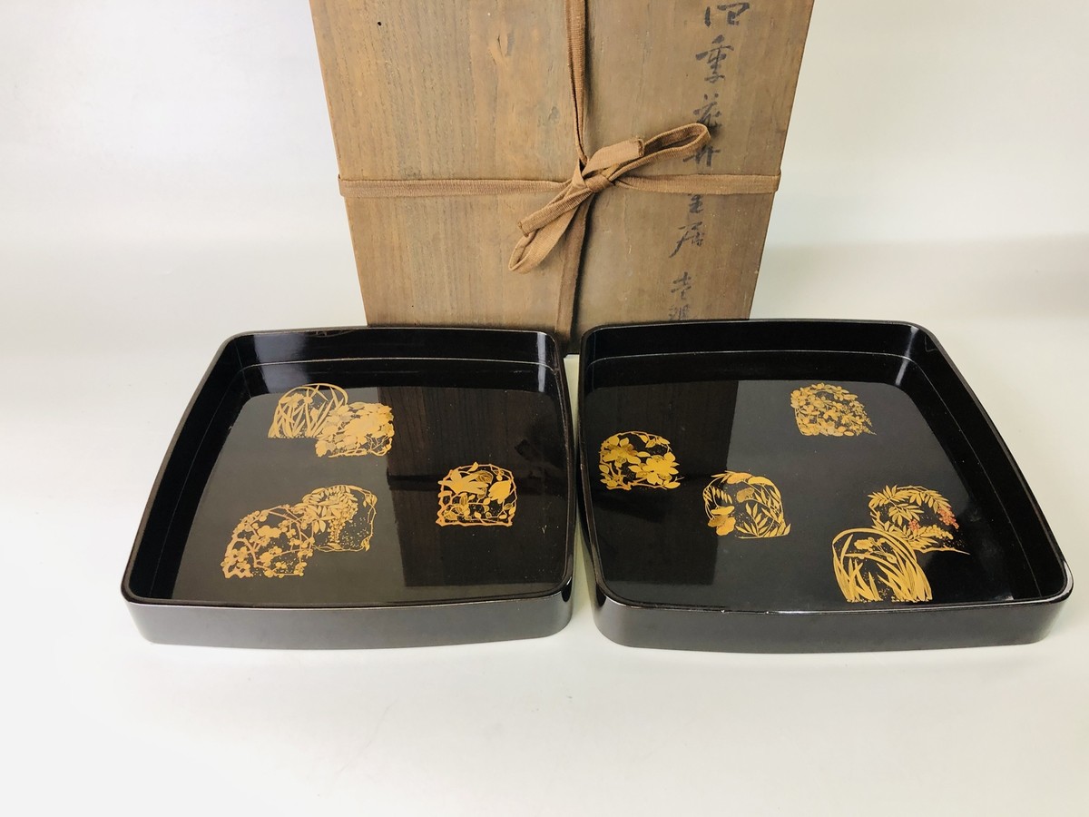 やまちよさん専用 Y7284 TRAY Makie Large Small set pair box Japan antique tableware