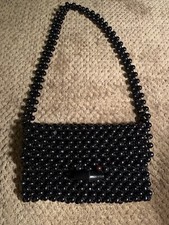 Vintage Black Wood Beaded Purse - 29  Strap