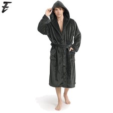 Mens Soft Hooded Bathrobe Long Plush Fleece Bath Robe Warm w/ Hood Pockets L-XL