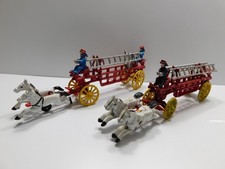 Vintage Cast Iron Two Horse Drawn Hook and Ladder Fire Wagons Lot of 2