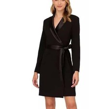 Adrianna Papell Black Tuxedo Knit Crepe A-Line Wrap Dress Long Sleeve Size 6 NWT