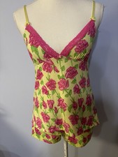 Betsey Johnson Intimates Babydoll Nightie Set Yellow/Pink Roses Lace Sz S/P EUC