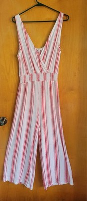 LOVE TREE Boho Red White Vertical Stripe Sleeveless Jumpsuit Wide Leg Womens M