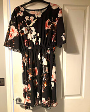 Boohoo Black Floral Chiffon Smock Dress 18 Flutter Sleeve Short Ruffle
