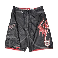 Fox Board Shorts Mens 34 Deluxe Boardies Y2K Cargo Patch Logo Black Red Trunks