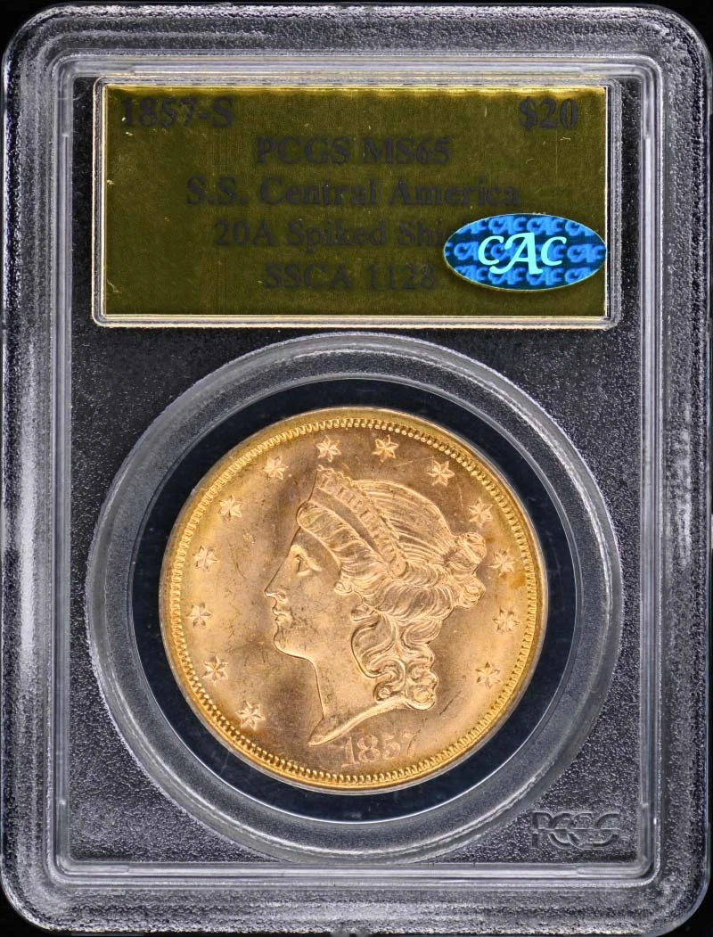 1857-S $20 SS Central America SSCA1128 PCGS MS65 CAC Box&Cert